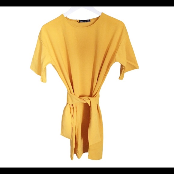 NWT BOOHOO Structured Tie Waist Dress With Scoop Neck Mustard Yellow Size 4 - Picture 9 of 12